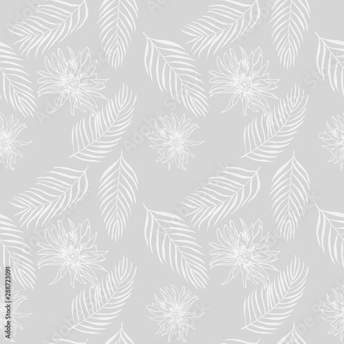 seamless floral pattern flowers and tropical palm leaves hand drawn sketch © Mykyta