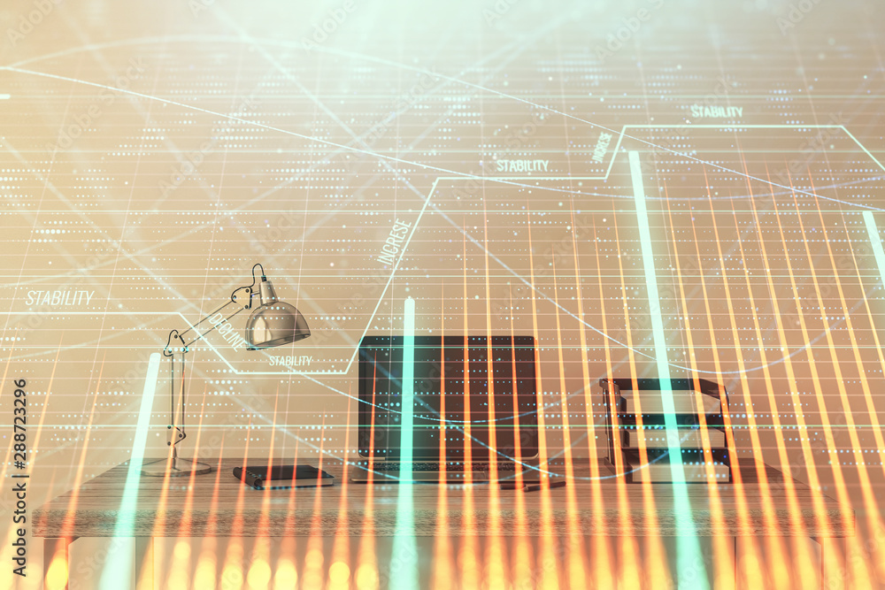 Stock market chart and desktop office computer background. Multi exposure. Concept of financial analysis. Stock market chart and desktop office computer background. Multi exposure. Concept of financial analysis.