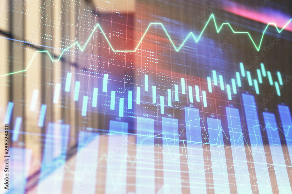 Double exposure of financial graph on empty room interior background. Forex market concept.