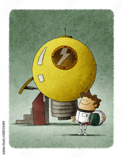 Man dressed as an astronaut next to a rocket shaped like a light bulb that is...