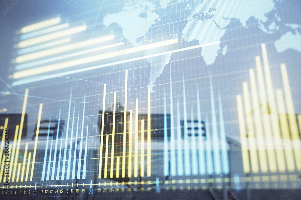 Stock and bond market graph and world map with trading desk bank office interior on background. Multi exposure. Concept of international finance Stock and bond market graph and world map with trading desk bank office interior on background. Multi exposure. Concept of international finance