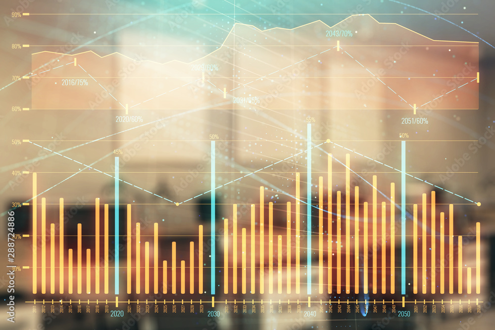 Stock market chart with trading desk bank office interior on background. Double exposure. Concept of financial analysis Stock market chart with trading desk bank office interior on background. Double exposure. Concept of financial analysis