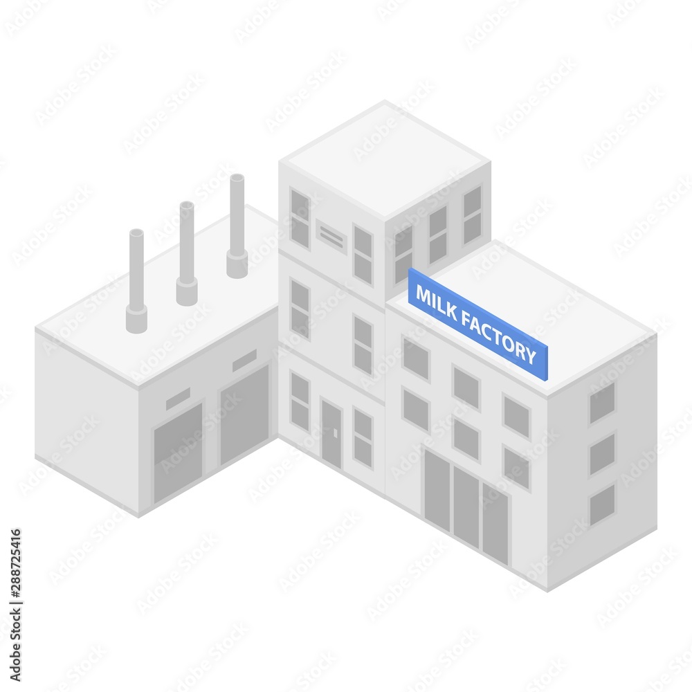 Milk factory icon. Isometric of milk factory vector icon for web design isolated on white background Milk factory icon. Isometric of milk factory vector icon for web design isolated on white background