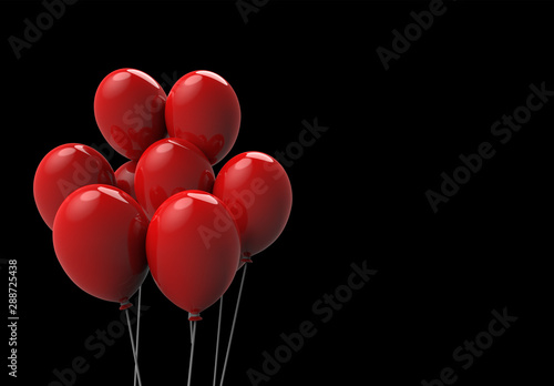 3d rendering. Floating big red balloons on black background. horror Halloween object concept