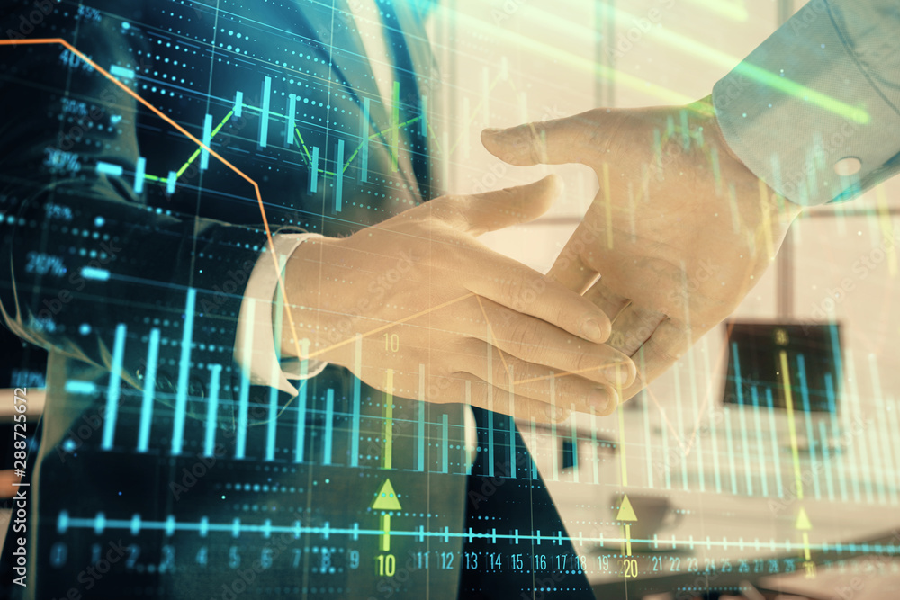 Multi exposure of financial graph on office background with two businessmen handshake. Concept of success in business Multi exposure of financial graph on office background with two businessmen handshake. Concept of success in business