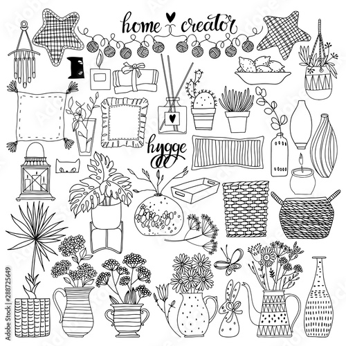 Home creator. Hygge. Vector set. Isolated elements for design on white.