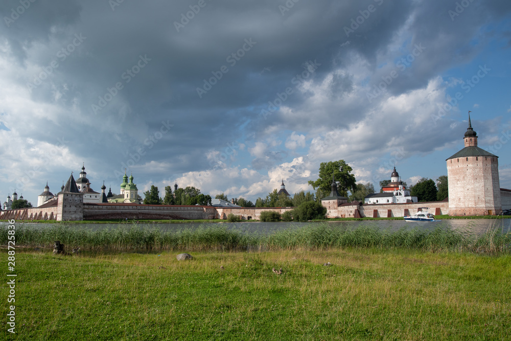 View from lake to Kirillo-Belozersky monastery. Monastery of the Russian Orthodox Church, located within the city of Kirillov, Vologda region. Russia View from lake to Kirillo-Belozersky monastery. Monastery of the Russian Orthodox Church, located within the city of Kirillov, Vologda region. Russia