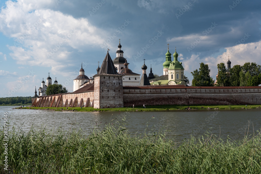 View from lake to Kirillo-Belozersky monastery. Monastery of the Russian Orthodox Church, located within the city of Kirillov, Vologda region. Russia