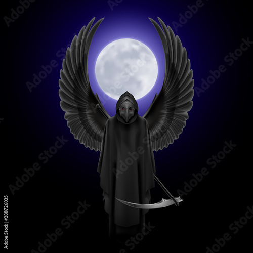 Plague Doctor with Two Wings Up Over Full Moon Background. Medieval Death Symbol Plague Doctor Mask for Web, Poster, Info Graphic