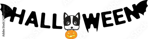 Happy Halloween Banner with Boston Terrier Dog Paper Cut Design Carry Ghost Pumpkin Vector Background. Party Celebration Invitation Card Concept