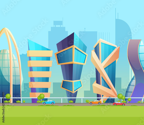 Future metropolis city skyline building. Futuristic skyscrapers buildings downtown with glass windows.Towers city business architecture, business centers moving cars cartoon vector illustration