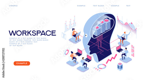 Workspase concept. Deep learning. Big data AND artificial intelligence. People interact with artificial intelligence. 3d vector isometric illustration.