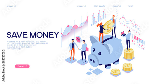 Piggy bank, money deposit, savings, safe money concept. Flat isometric vector illustration. Web Banner