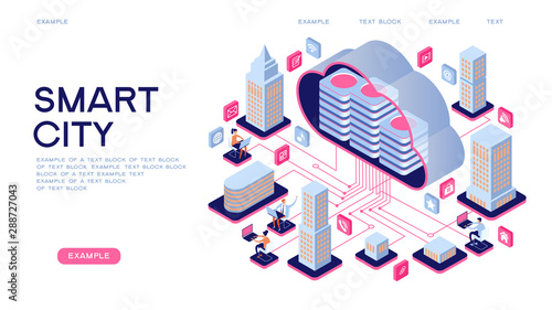 Smart city or intelligent building isometric vector concept. Smart home control concept. Concept home with technology system. 3d isometric vector illustration.