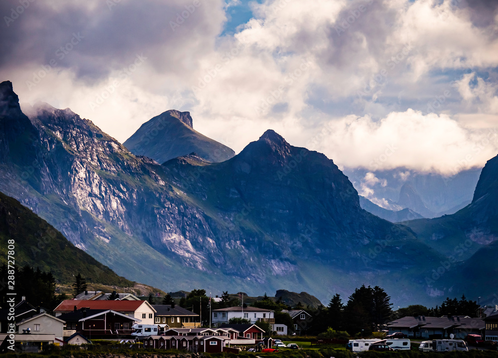 Dramatic landscape on E10 highway in Lofoten during sunset, North Norway