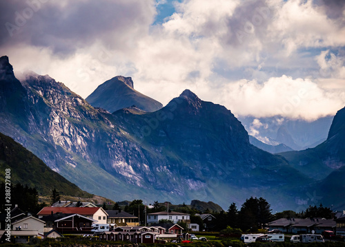 Obraz na płótnie Dramatic landscape on E10 highway in Lofoten during sunset, North Norway w salonie