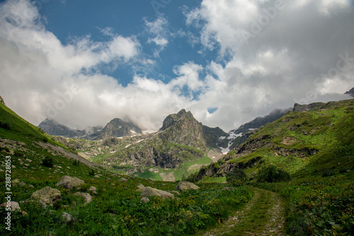 mountain gorge of the Klukhor River in the Teberdinsky nature reserve of Karachay-Cherkessia