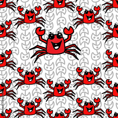 cartoon red crab on white background seamless pattern vector WITH PLANT on background