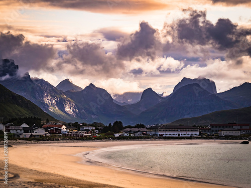 Dramatic landscape on E10 highway in Lofoten during sunset, North Norway