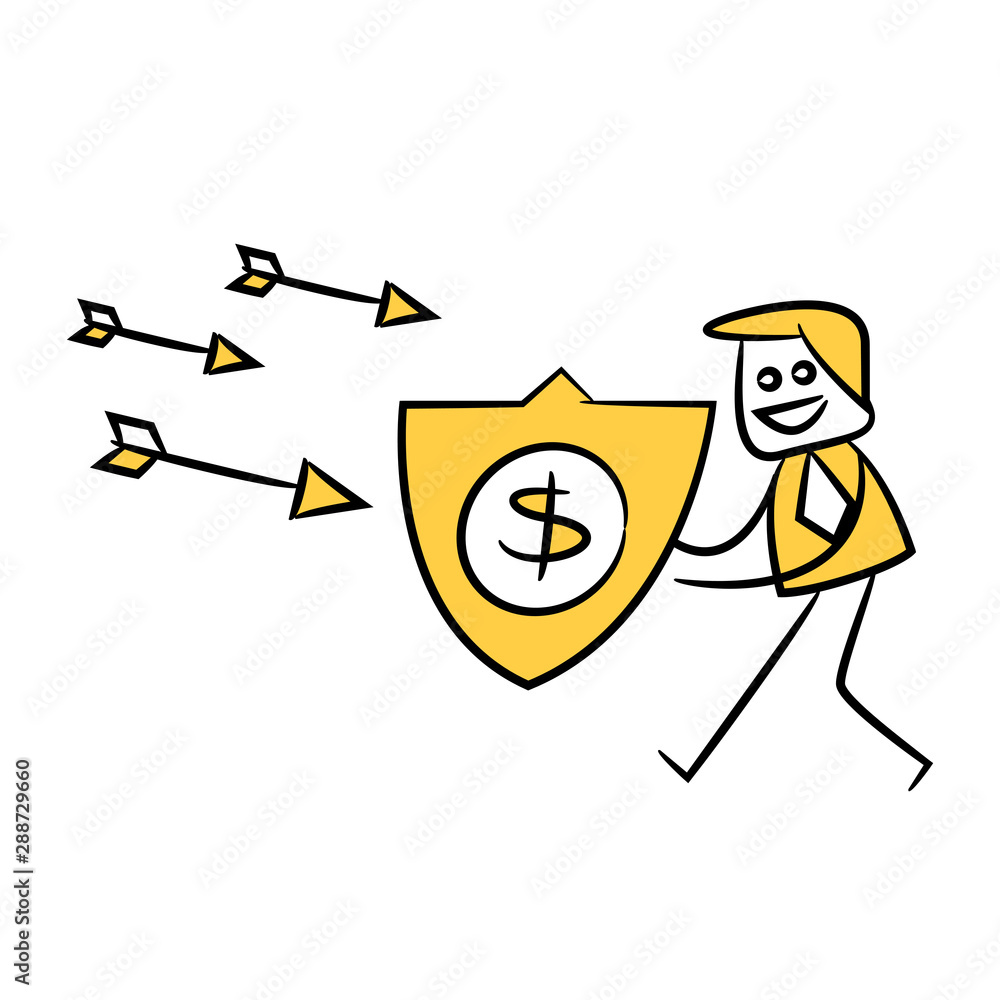 businessman using dollar shield to protect arrows, yellow stick figure 