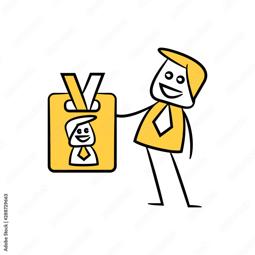businessman shows id card, yellow stick figure businessman shows id card, yellow stick figure