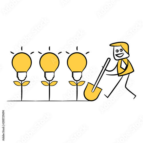 businessman cultivating  idea light bulb plant, yellow stick figure 