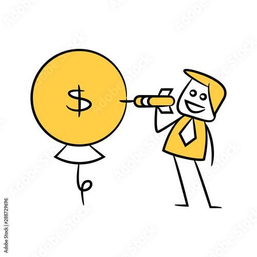 businessman destroys dollar bubble balloon, yellow stick figure 