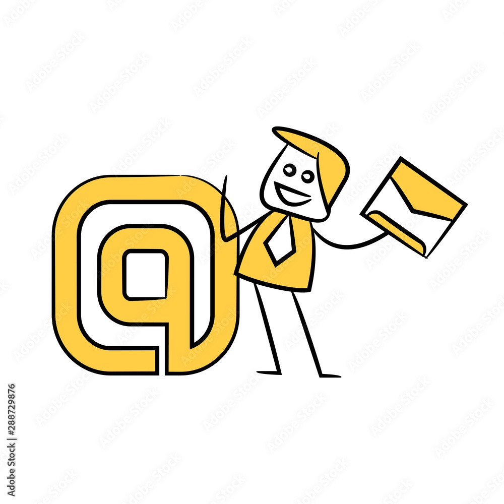 businessman holding mail and address sign yellow stick figure design businessman holding mail and address sign yellow stick figure design