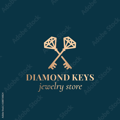 Diamond Keys Jewelry Store. Abstract Vector Sign, Symbol or Logo Template. Crossed Keys Sillhouettes with Classy Retro Typography. Luxury Vintage Vector Emblem.