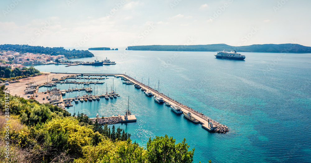 Aerial morning view of Pilos town. Colorful spring seascape of Ionian Sea. Beautiful cityscape panorama of Greece city. Traveling concept background. Instagram filter toned.