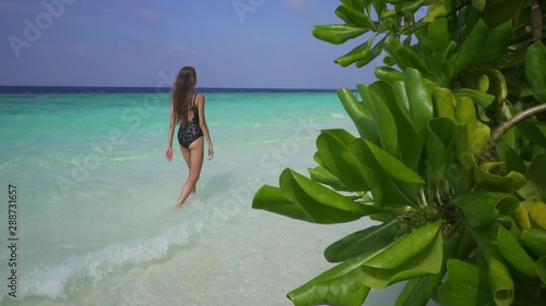 Young sexy slim brunette girl is walking in azure turquoise water of Indian ocean. Tropical exotic plants. Sea. Maldives. Super slow motion.