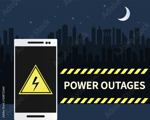 Power outage. Warning poster with dark city and smartphone. Triangular icon of danger in yellow and black colors. Vector flat stock illustration.