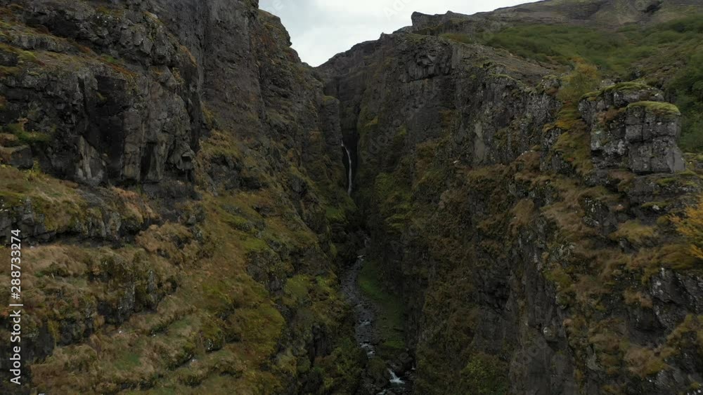 Aerial flight reveal Glymur Waterfall gorge with birds flying Icelandic highland Aerial flight reveal Glymur Waterfall gorge with birds flying Icelandic highland