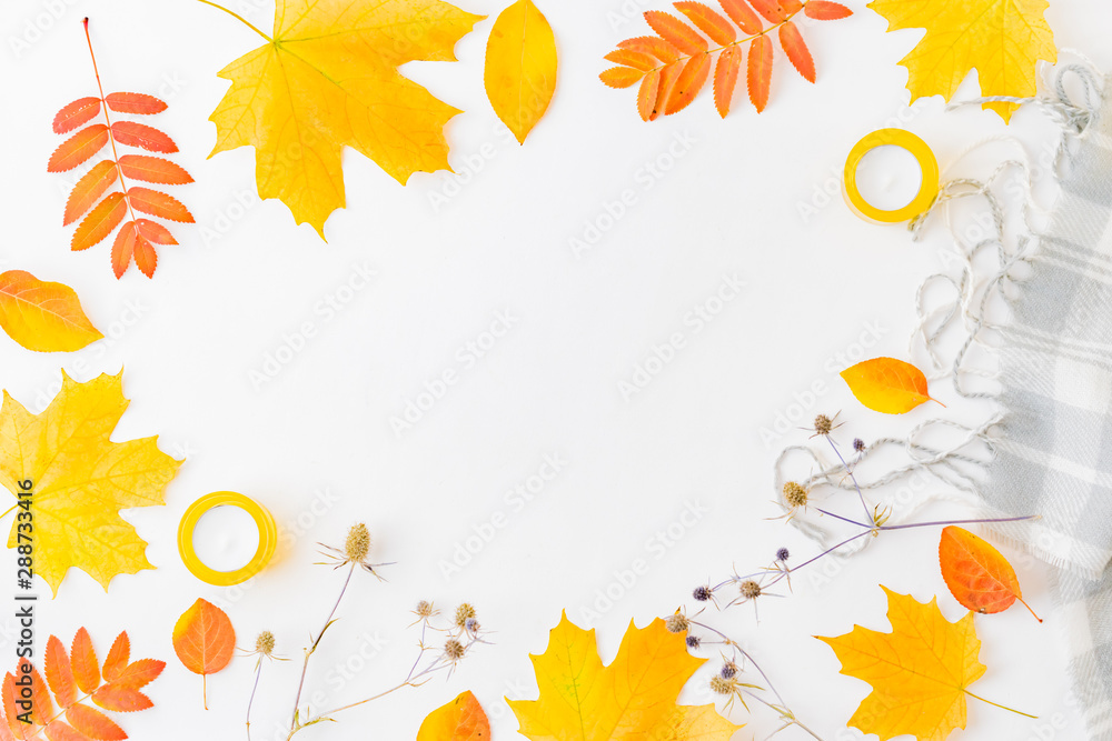 Flat lay composition with a scarf and colorful autumn leaves on a white background Flat lay composition with a scarf and colorful autumn leaves on a white background