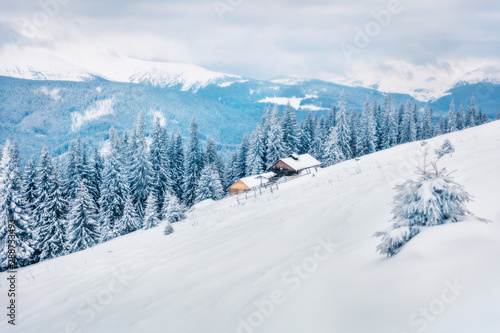 Snowy winter afternoon in abandoned mountain village. Frosty outdoor scene of Carpathian mountains, Happy New Year celebration concept. Orton Effect.