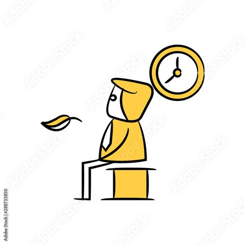 businessman sitting and waiting long time concept and clock yellow stick figure 