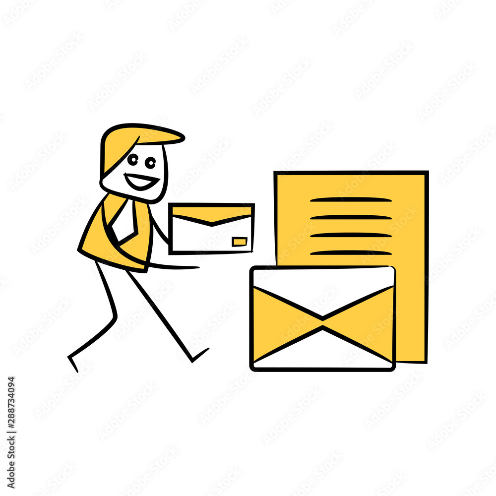businessman and mails yellow stick figure businessman and mails yellow stick figure
