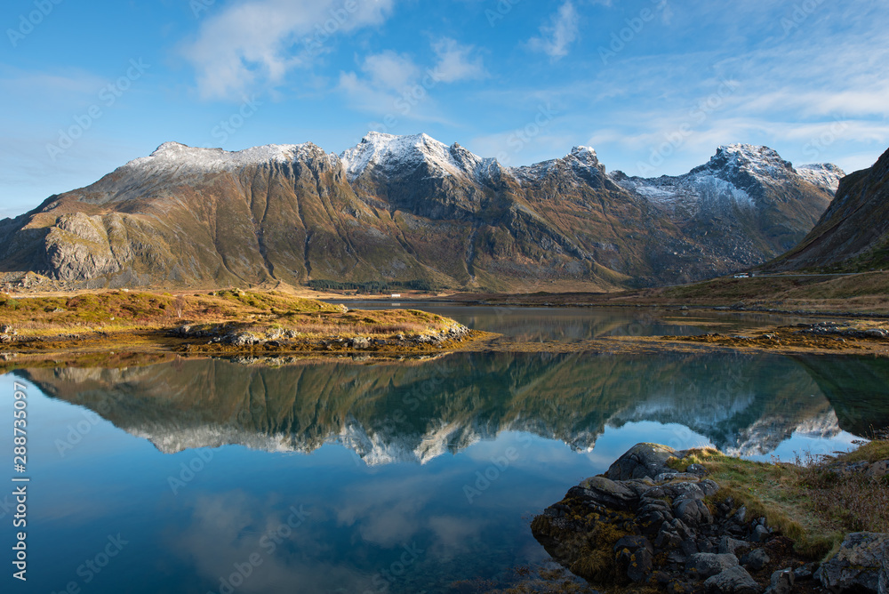Beautiful views of the fjords with reflections in the water, Lofoten islands, Norway