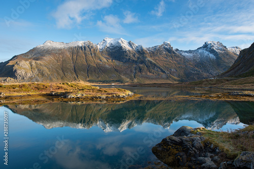 Beautiful views of the fjords with reflections in the water, Lofoten islands, Norway