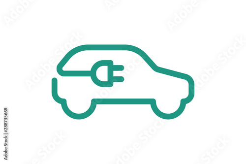 Electric car icon. Electrical cable plug charging green symbol. Eco friendly electric auto vehicle concept. Vector electricity illustration