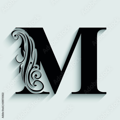 letter M. Black flower alphabet.  Beautiful capital letters.