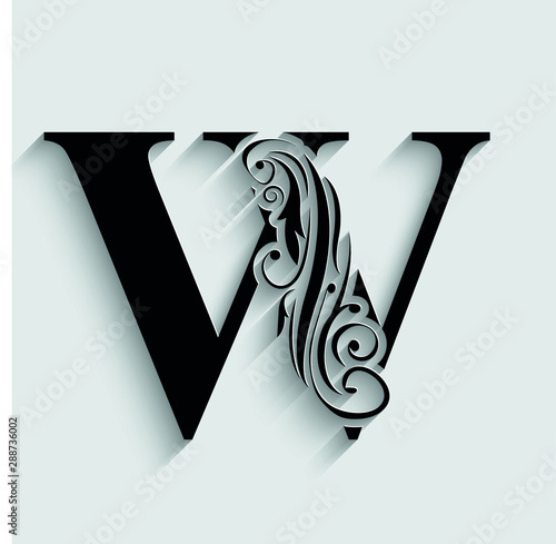 letter W. Black flower alphabet.  Beautiful capital letters.