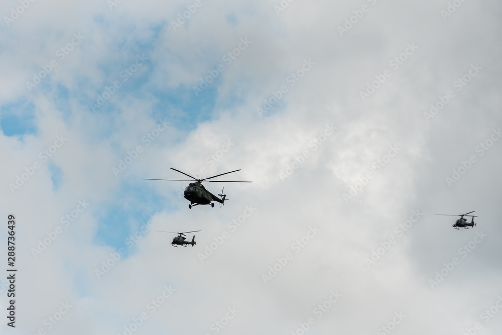 NIS, SERBIA - May 10, 2019: Air Parade Meeting in Nis, Serbia - Helicopters Flying in formation NIS, SERBIA - May 10, 2019: Air Parade Meeting in Nis, Serbia - Helicopters Flying in formation