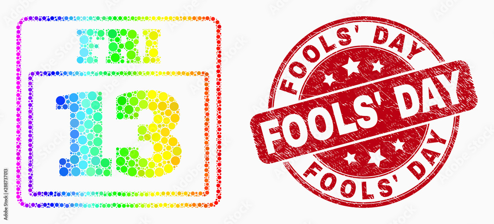 Dot bright spectral 13 friday calendar page mosaic icon and Fools' Day stamp. Red vector round distress watermark with Fools' Day message. Vector collage in flat style. Dot bright spectral 13 friday calendar page mosaic icon and Fools' Day stamp. Red vector round distress watermark with Fools' Day message. Vector collage in flat style.