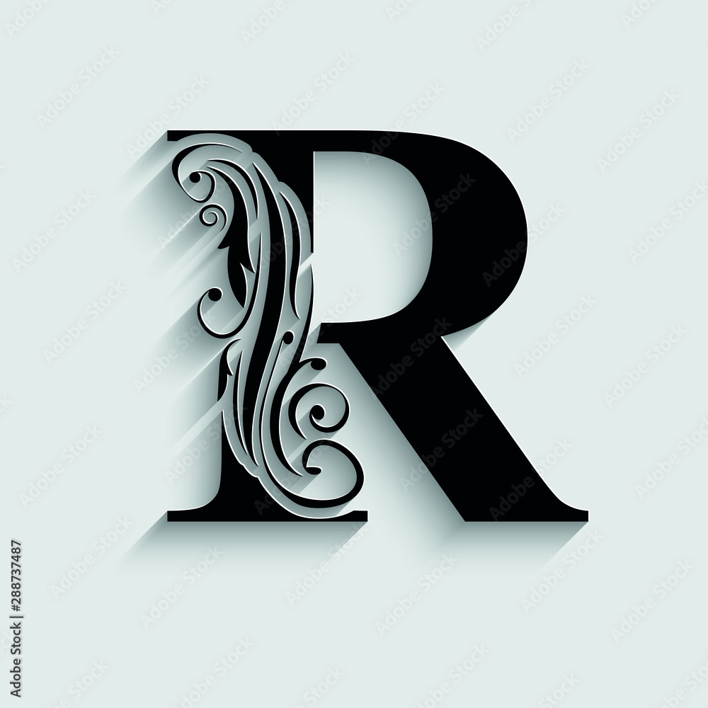 letter R. Black flower alphabet. Beautiful capital letters. Stock