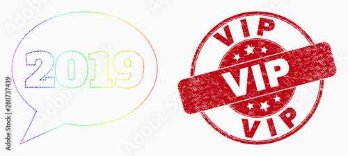 Dotted spectral 2019 message balloon mosaic pictogram and Vip seal stamp. Red vector round textured stamp with Vip caption. Vector collage in flat style.