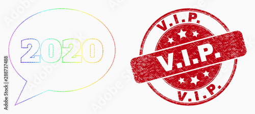 Pixel bright spectral 2020 message balloon mosaic pictogram and V.I.P. seal stamp. Red vector round textured seal stamp with V.I.P. message. Vector combination in flat style.