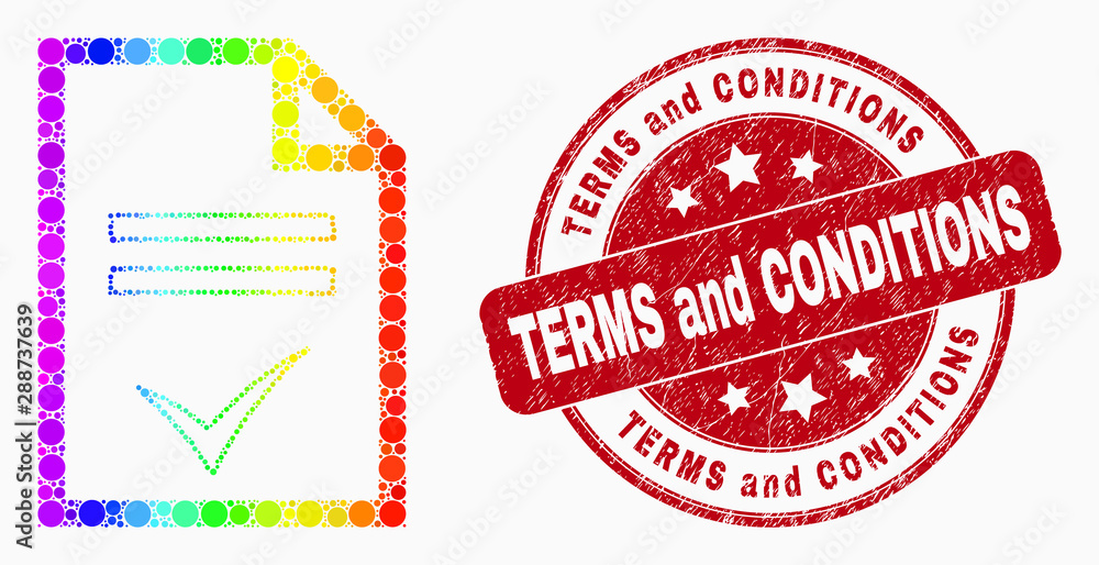 Pixel spectral agreement page mosaic icon and Terms and Conditions seal. Red vector round textured seal stamp with Terms and Conditions message. Vector collage in flat style. Pixel spectral agreement page mosaic icon and Terms and Conditions seal. Red vector round textured seal stamp with Terms and Conditions message. Vector collage in flat style.