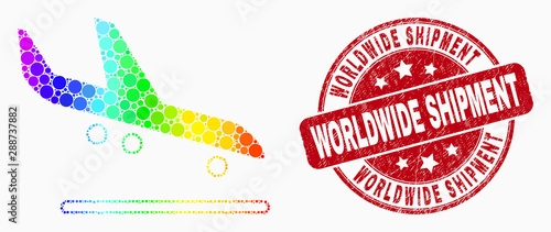 Pixel spectral airplane arrival mosaic pictogram and Worldwide Shipment seal stamp. Red vector round textured seal stamp with Worldwide Shipment caption. Vector combination in flat style.