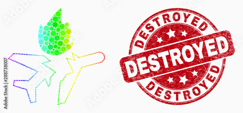 Dotted bright spectral airplane crash mosaic icon and Destroyed seal stamp. Red vector round grunge seal stamp with Destroyed phrase. Vector collage in flat style.